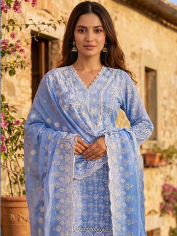 Indo Era Women Ethnic Motifs Embroidered Regular Thread Work Pure Cotton Kurta with Palazzos & With Dupatta