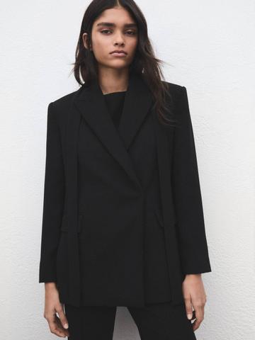 MANGO Notched Lapel Collar Single-Breasted Belted Blazer