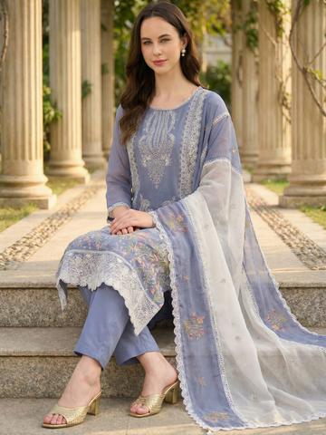 Indo Era Women Ethnic Motifs Embroidered Regular Thread Work Kurta with Trousers & With Dupatta