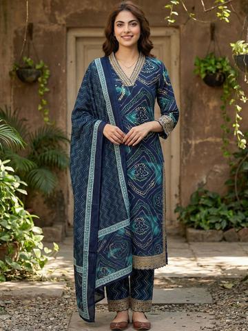 KALINI Women Ethnic Motifs Printed Regular Gotta Patti Pure Cotton Kurta with Trousers & With Dupatta