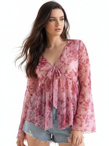 Outzidr Pink Flared Sleeve Floral Printed Top