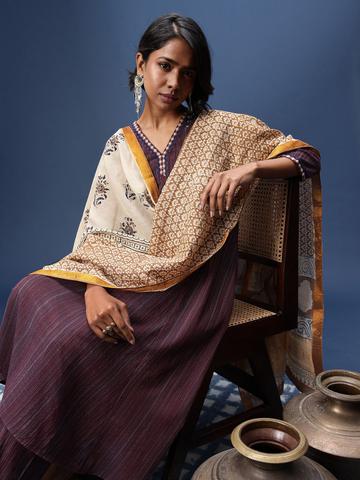 Taavi Kalamkari Striped Ethnic Motifs Printed Pure Cotton Kurta with Trousers & Dupatta