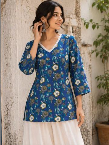 WineRed Floral Printed V-Neck Pure Cotton Kurti