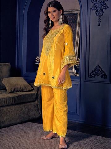 MISHRI TEX FAB Women Ethnic Motifs Embroidered Empire Mirror Work Silk Crepe Kurta with Palazzos
