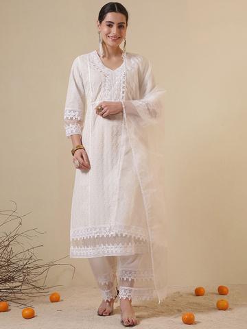 Anouk Women Ethnic Motifs Embroidered Regular Pure Cotton Kurta with Palazzos & Dupatta
