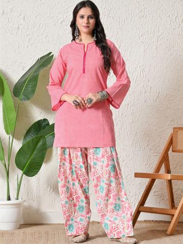 KALINI Women Pink Checkerd Kurta & Farshi Salwar Set With Lace Details