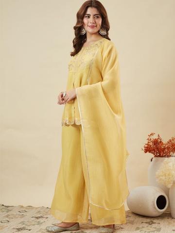 Anouk Women Ethnic Motifs Embroidered Empire Thread Work Silk Chiffon Kurti with Palazzos & With Dupatta
