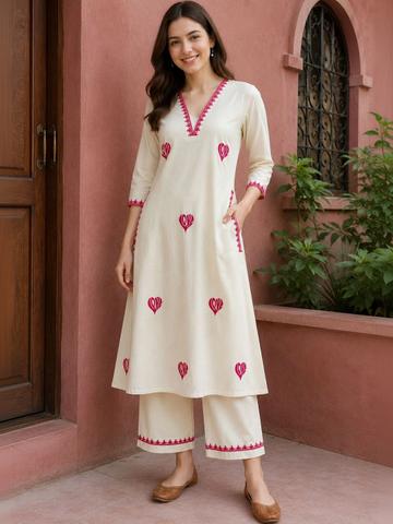 EVANORA Women Ethnic Motifs Embroidered Regular Thread Work Pure Cotton Kurta with Palazzos