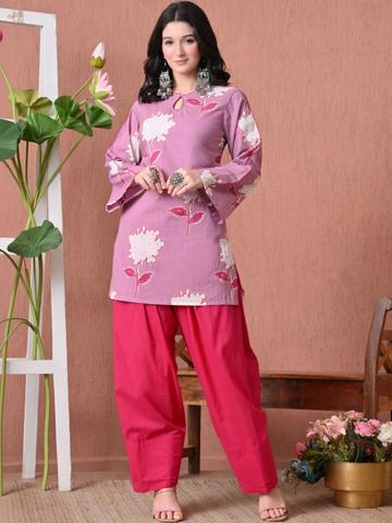 SANGAKURTI Floral Printed Keyhole Neck Long Sleeves Cotton Kurti With Farshi Salwar Co-Ords