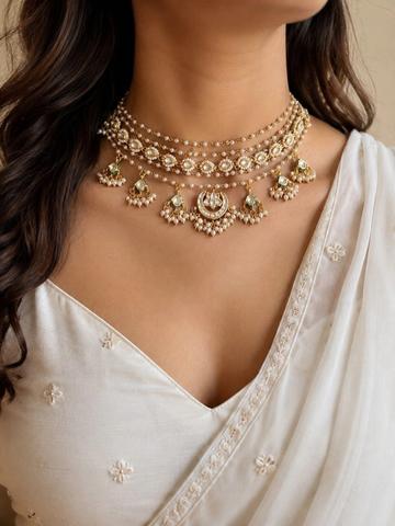 Sanjog Brass Gold- Plated Kundan Studded Pearl Layered With Charm Drops Choker Neckalce