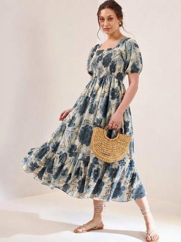 CORSICA Floral Print Puff Sleeve A-Line Midi Dress