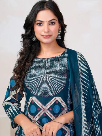 Indo Era Women Floral Printed Regular Sequinned Pure Cotton Kurta with Trousers & With Dupatta