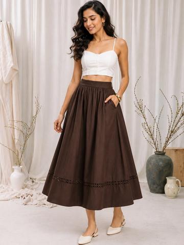 AASK Women Pure Cotton Cambric Schiffli Midi A-Line Skirt