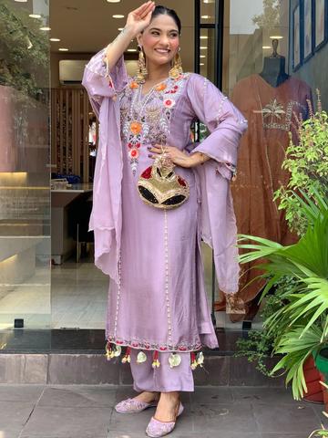 Sangria Women Floral Embroidered Regular Thread Work Chanderi Cotton Kurta with Palazzos & With Dupatta