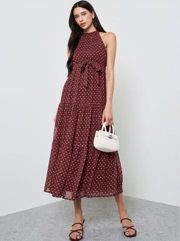 Styli Polka Dot Print Halter Neck Chiffon A-Line Midi Dress