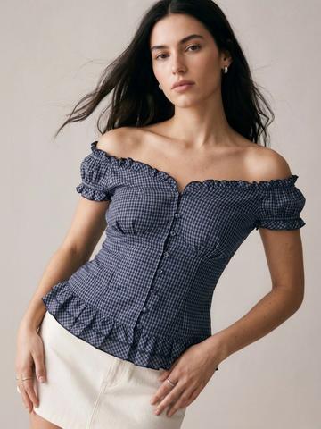 Outzidr Checked Off-Shoulder Puff Sleeve Ruffles Cotton Top