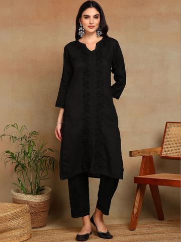 VAHSON Women Floral Embroidered Chikankari Pure Cotton Straight Kurta with Trousers