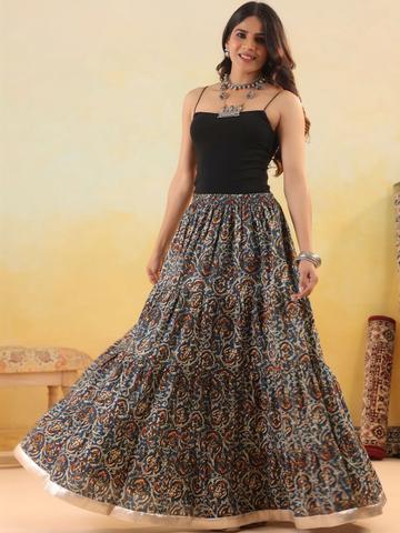 Rimeline Women Pure Cotton Blend Cotton Cambric Self Design Maxi Flared Skirt