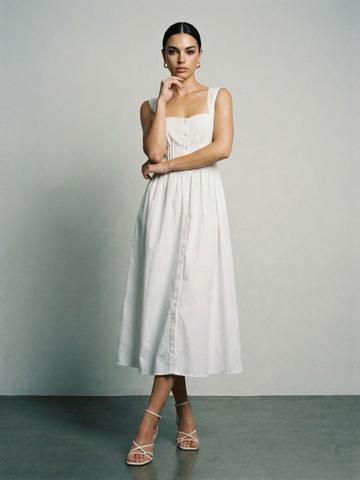 Phosphorus Sweetheart Neck Smocked Detail Pure Cotton A-Line Midi Dress