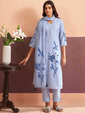 Indo Era Women Floral Printed Regular Patchwork Linen Kurta with Trousers & With Dupatta