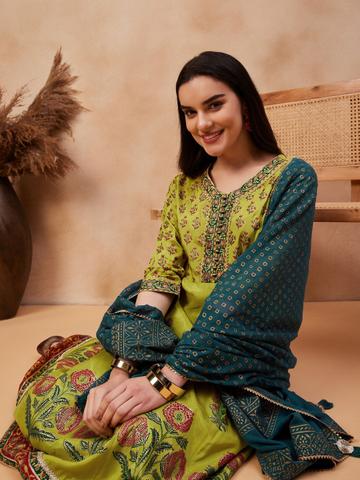 Sangria Printed Round Neck Kurta & Palazzos With Dupatta