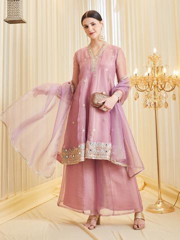 MOKOSH Women Silk Embroidered Mirrorwork Anarkali Kurta and Palazzo Set with Dupatta