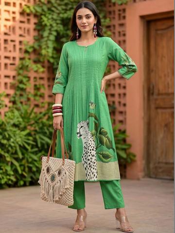 Indo Era Green Printed A-Line Co-Ords Set