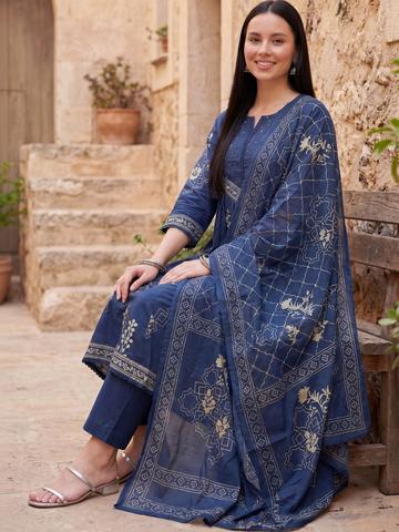 Indo Era Women Ethnic Motifs Printed Empire Thread Work Pure Cotton Kurta with Trousers & With Dupatta