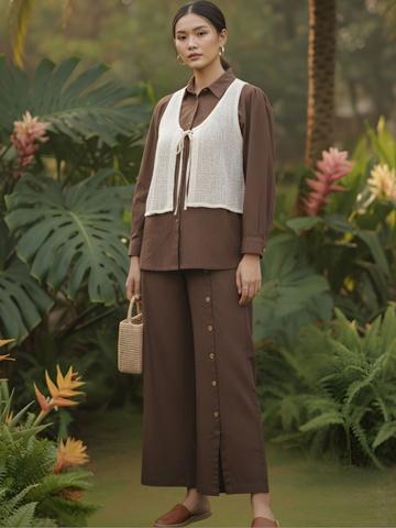 AUTUMN LANE Knitted Cotton Solid Shirt with Trousers