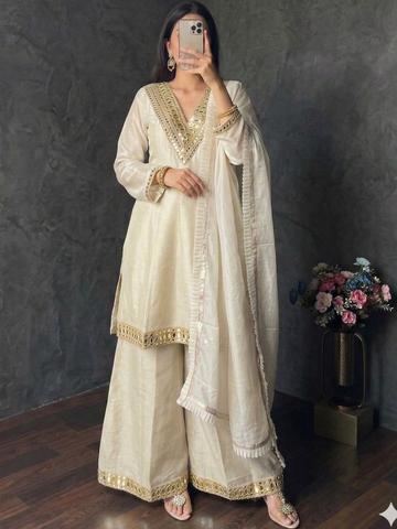 SITARRAA Women Ethnic Motifs Embroidered Regular Mirror Work Dupion Silk Kurta with Palazzos & With Dupatta