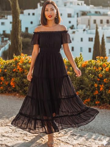 aayu Women Off-Shoulder Tiered Smocked Chiffon Maxi Dress