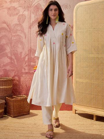 Sangria Embroidered Pure Cotton V-Neck Kurta & Trousers