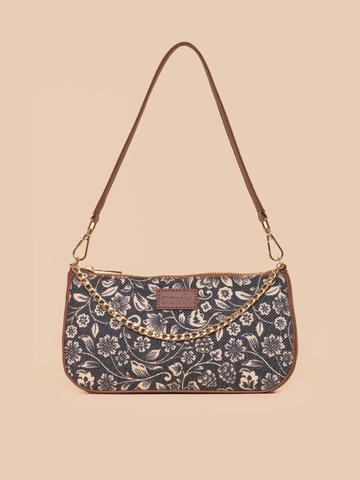 ZOUK Black Floral Printed Structured Baguette Bag with Applique