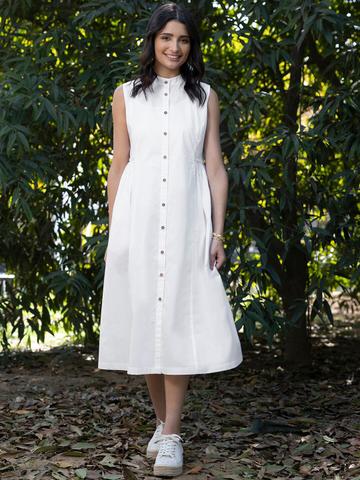 Pink Fort Mandarin Collar Cotton Sleeveless Midi A-Line Dress