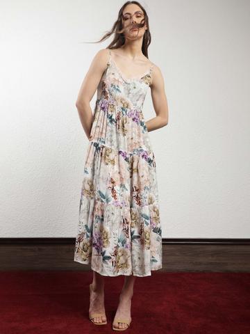 RAREISM Floral Printed Tiered Fit & Flare Midi Dress