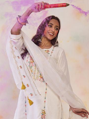 Indo Era Women Embroidered Thread Work Pure Cotton Kurta with Trousers & With Dupatta