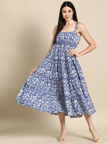 Anayna Floral Print Pure Cotton Tiered Midi Ethnic Dress