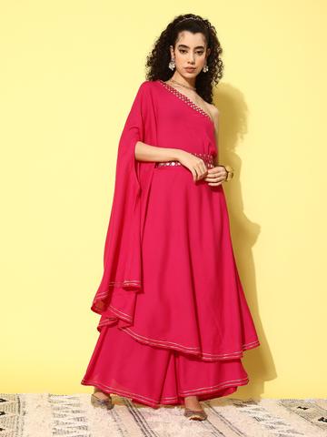 InWeave Mirror Work One Shoulder Fusion Kurta with Palazzos & Belt
