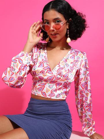 Popwings White Color Conversational Print V-Neck Puff Sleeve Satin Crop Top