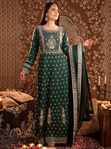 Libas Art Floral Embroidered Sequinned Pure Silk Kurta with Trousers & With Dupatta