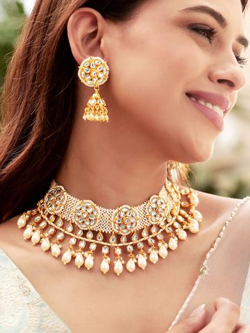 Rubans 22K Gold Plated Kundan Studded Pearl Beaded Layered Choker Jewellery Set