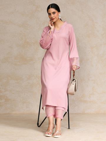 Varanga Pink Flared Sleeve Organza detailed Solid Kurta & Palazzo