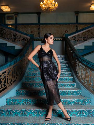 Stylecast X Herbox Black Embellished Sheath Midi Dress