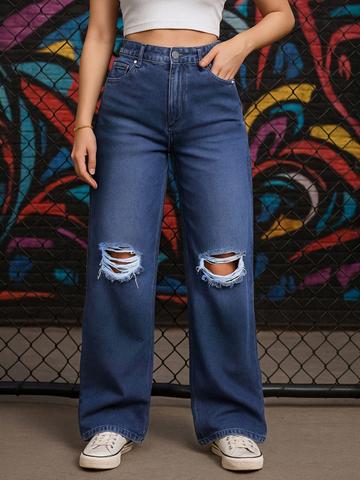 Women Baggy High-Rise Mildly Distressed Light Fade Cotton Jeans