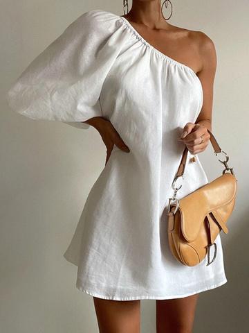 StyleCast x Revolte One Shoulder Linen A-Line Dress