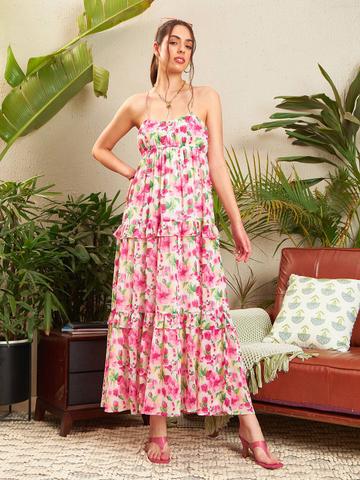SASSAFRAS White Floral Printed Halter Neck Tiered Georgette Maxi Dress