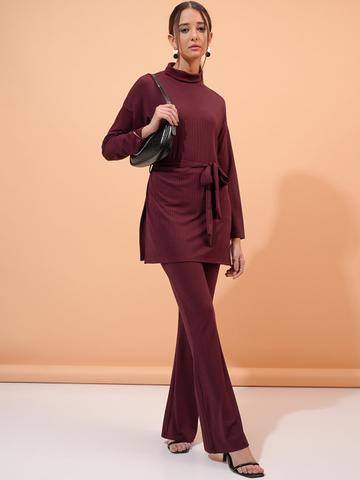 Tokyo Talkies Ribbed High Neck Longline Top & Flared Trousers Co-Ords