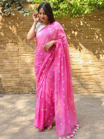 TEEJH Floral Embroidered Pure Cotton Murshidabad silk Saree