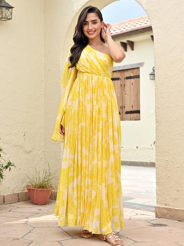 KALINI Floral Printed Off Shoulder Georgette Fit and Flare Maxi Dress
