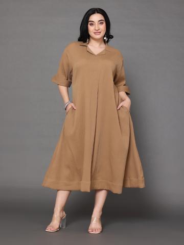 Sztori Plus Size Shirt Collar Crepe A-Line Midi Dress